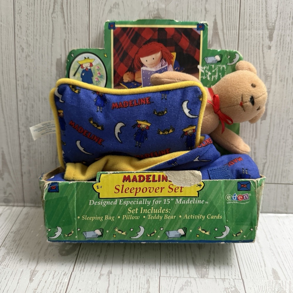 Madeline‎ Vtg 2001 Sleepover Set Blanket Sleeping Bag Pillow Teddy 15" Doll Set